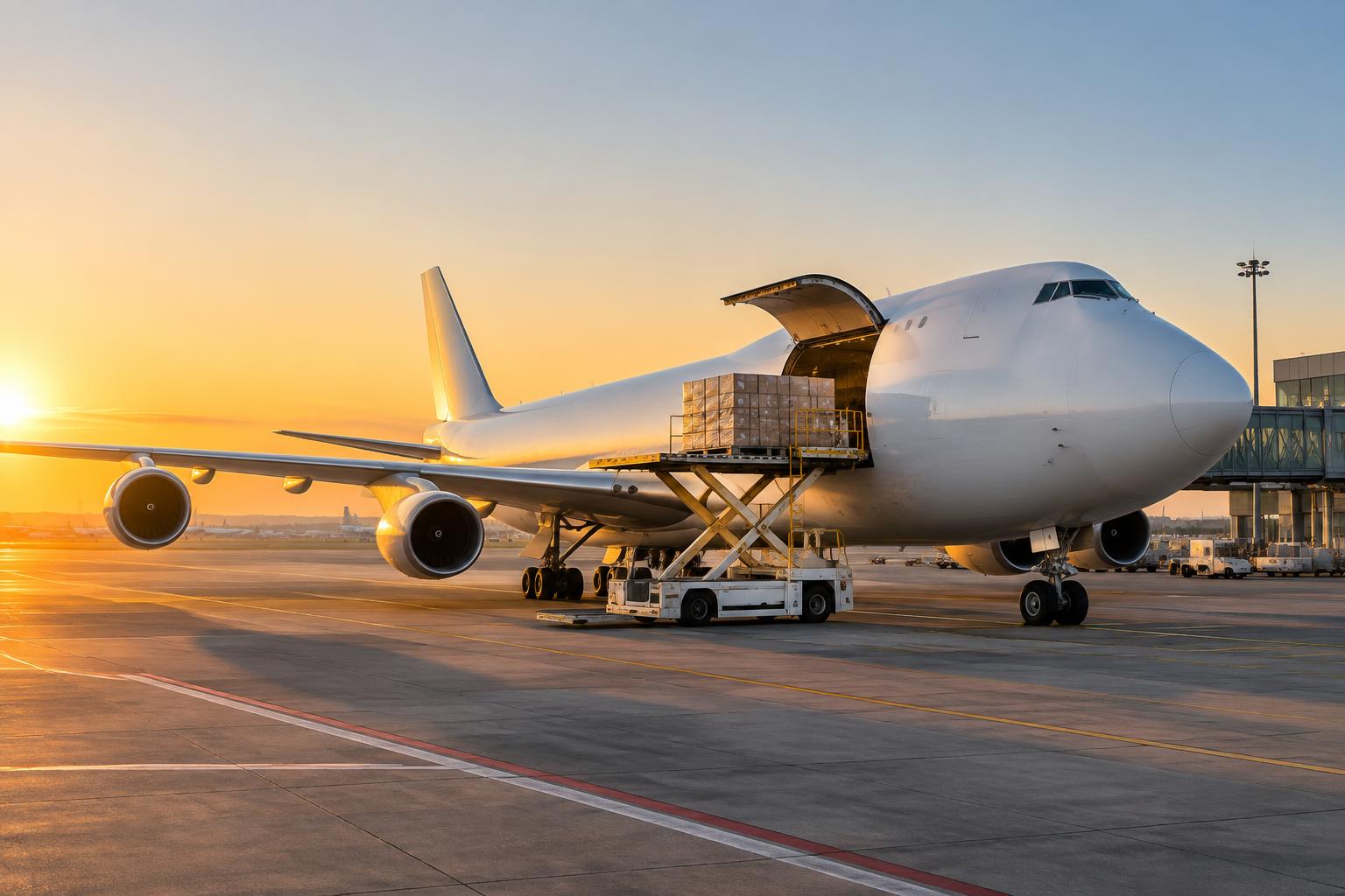 A cargo aircraft on the tarmac with pallets of freight being loaded into its open hold at golden hour