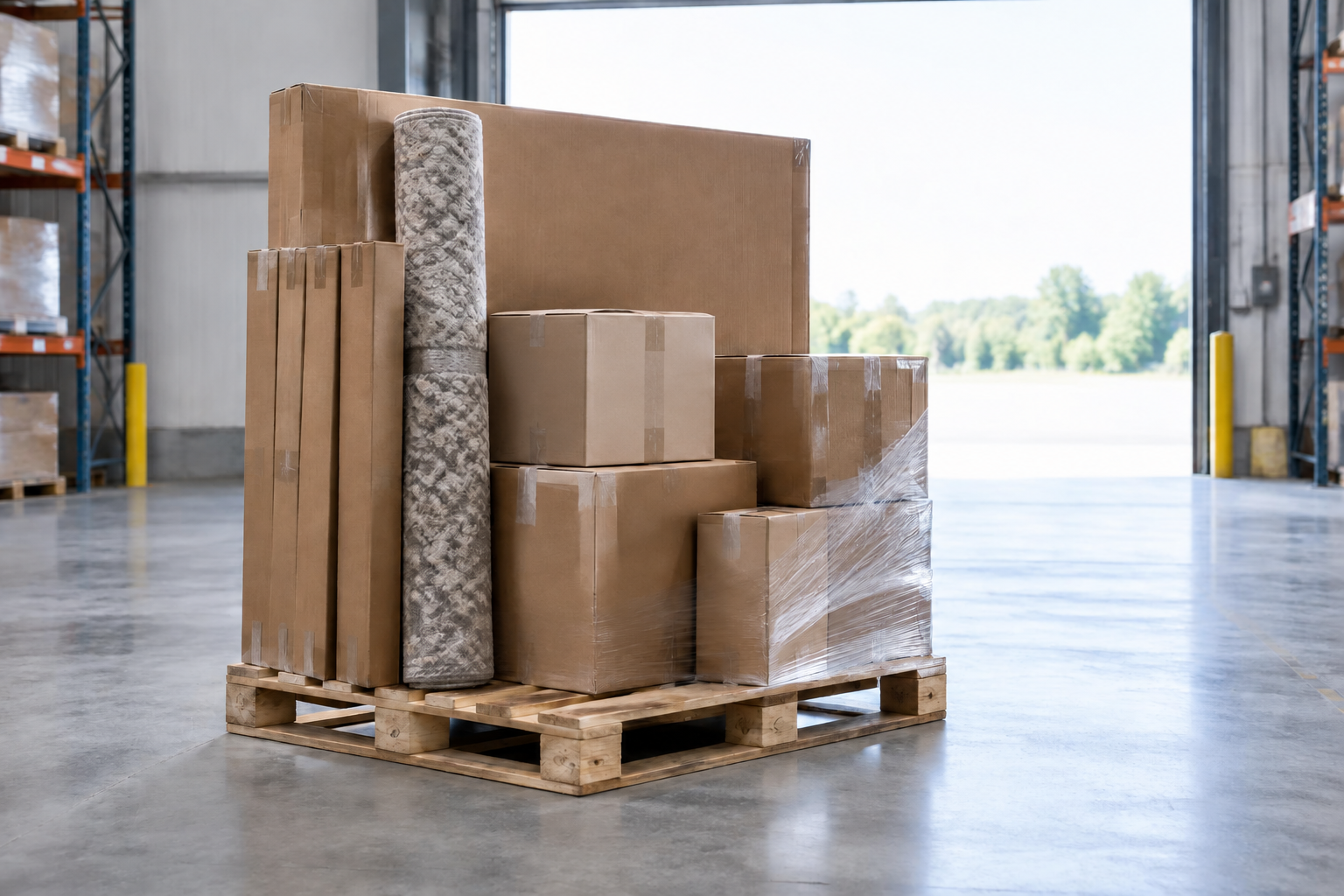 A pallet loaded with a mixed export load — television carton, appliance box, flat-packed furniture and parcels