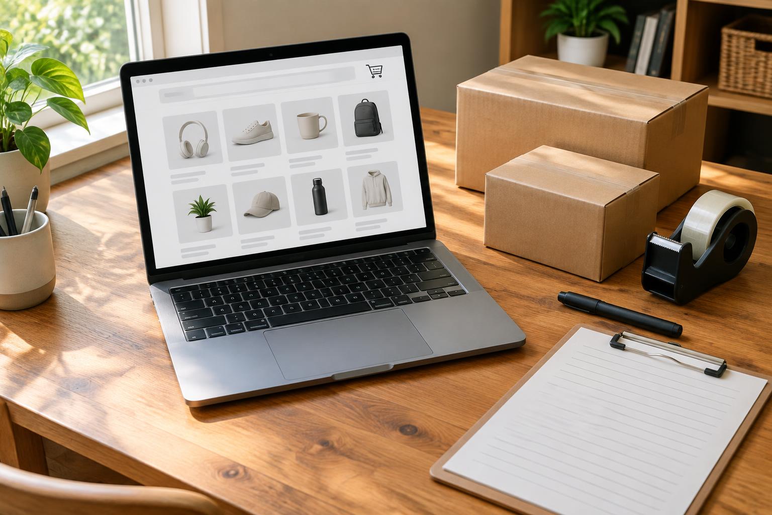 A laptop with an online store open, beside shipping boxes, tape and a clipboard