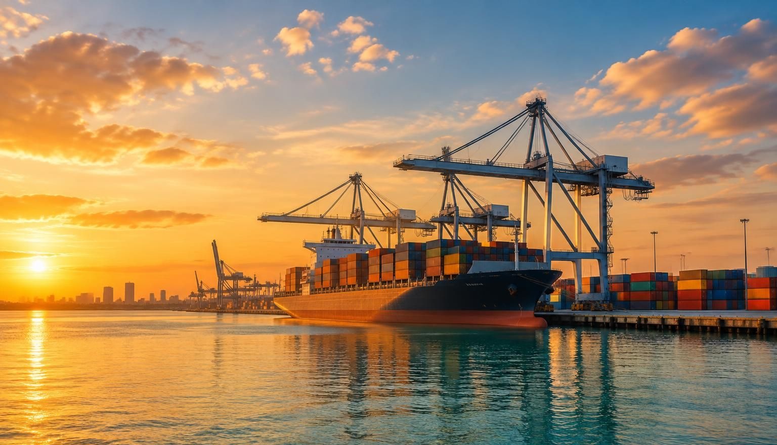 Container ship at Port Everglades, Fort Lauderdale, at golden hour
